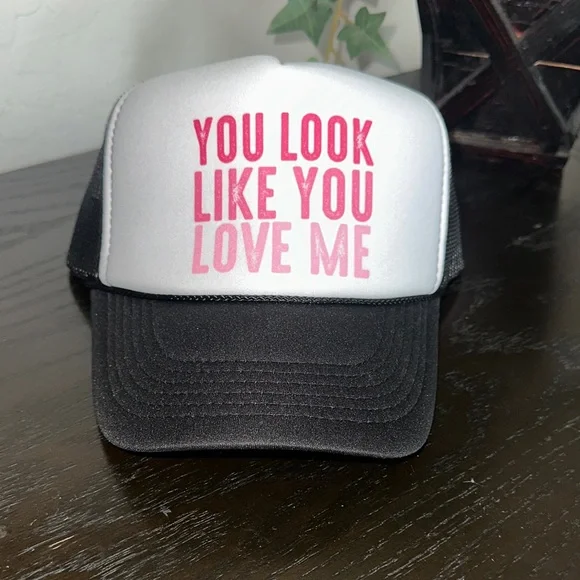 You look like you love me Trucker Hat Country Music Song Theme Pink Black White - Picture 2 of 14